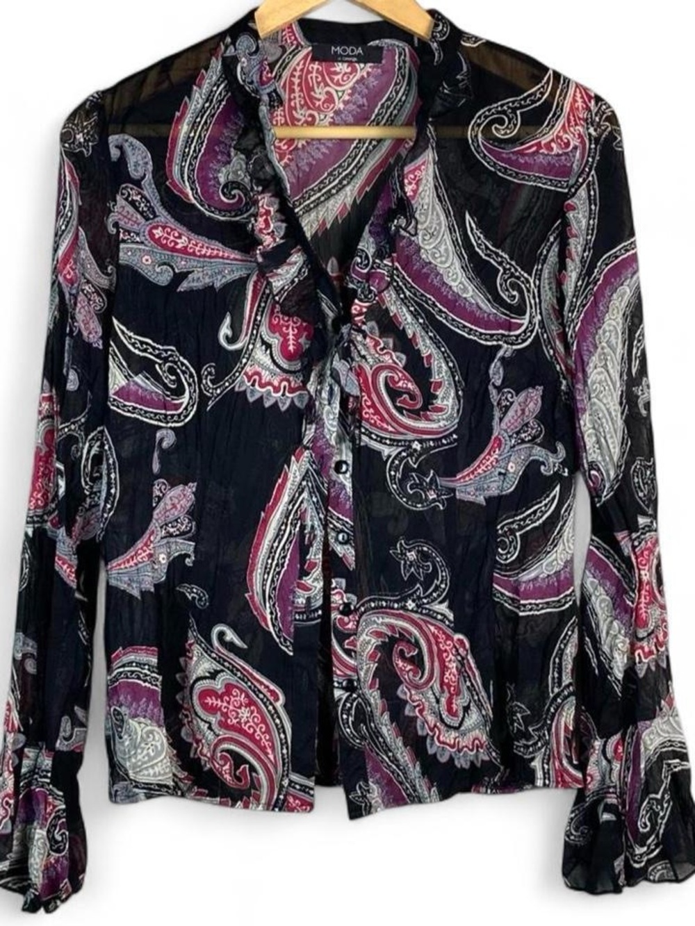 Moda Whimsygoth Black Paisley Ruffle-Trim Button Front Blouse